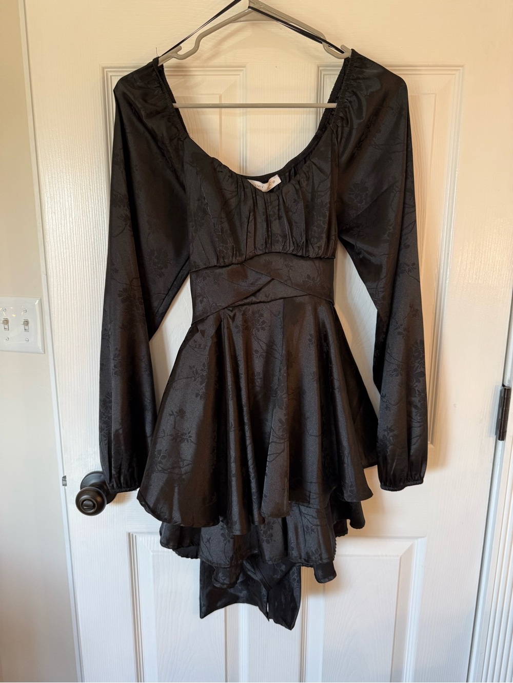 Altar'd State Black Long-Sleeve Floral Jacquard Fit-and-Flare Dress